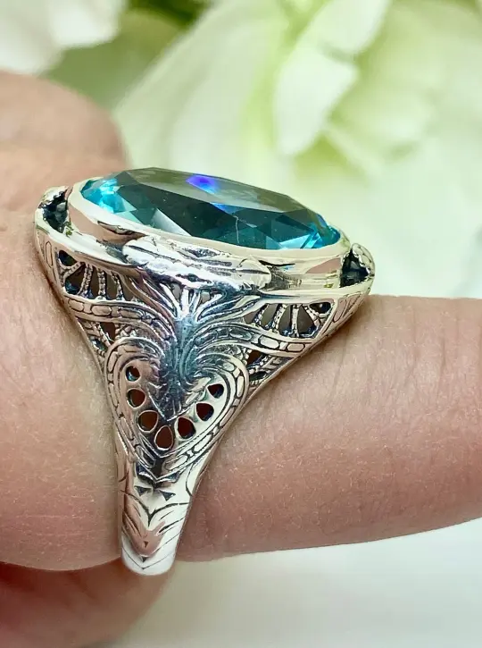 Sky Blue Large Oval Ring, Size 8, Victorian Jewelry Design#D2 - Ready to Ship