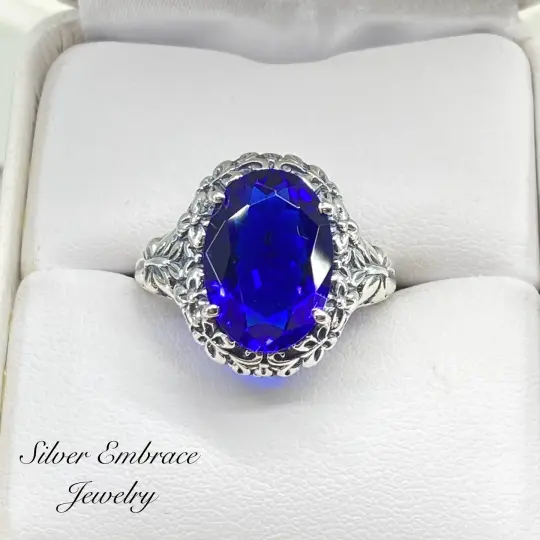 Sapphire Blue Butterfly Ring, Size 7.5, Oval Gemstone, Art Nouveau Vintage Ring, D79 - Ready to Ship