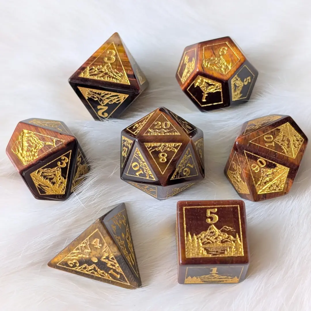 Everwild Red Tiger Eye Gemstone Dice – Forest & Mountain Etched 7-Piece Set | Fennek & Finch