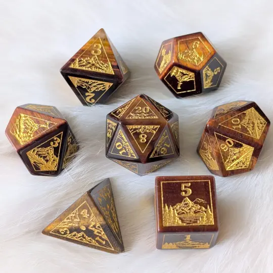 Everwild Red Tiger Eye Gemstone Dice – Forest & Mountain Etched 7-Piece Set | Fennek & Finch