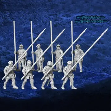 Unpainted 28mm 3D-printed Scottish pikemen with raised pikes, 8 miniatures — tabletop miniatures for historical wargaming, D&D & Pathfinder