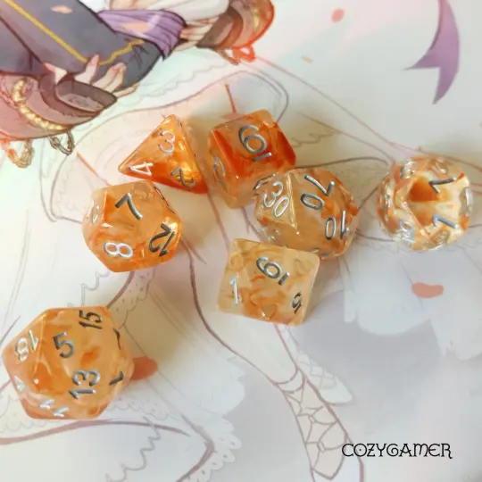 Brown White Smoke Dice Set – 7-Piece Resin Suspended Smoke DnD Dice