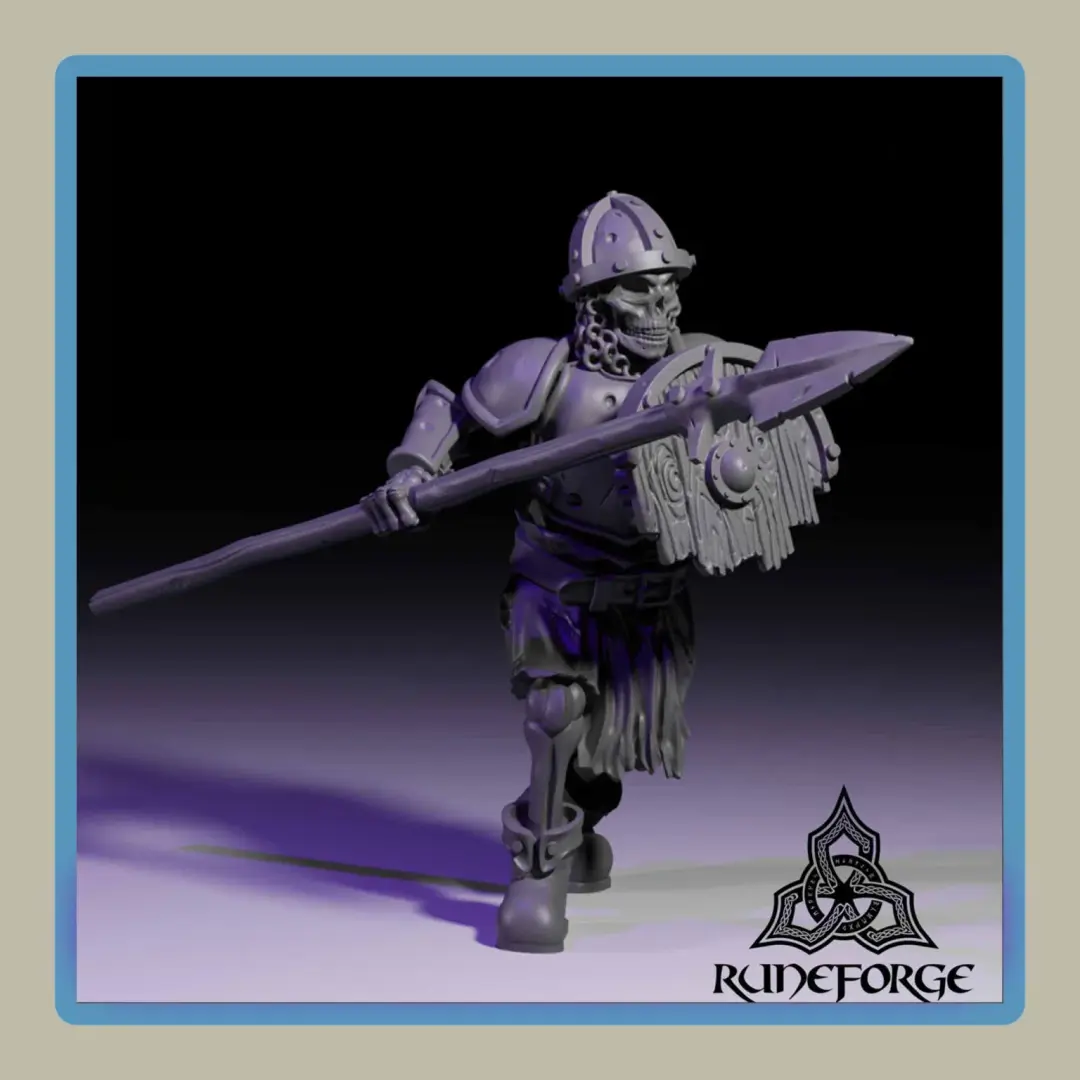 render of 28mm miniature undead armored skeleton with spear and shield marching