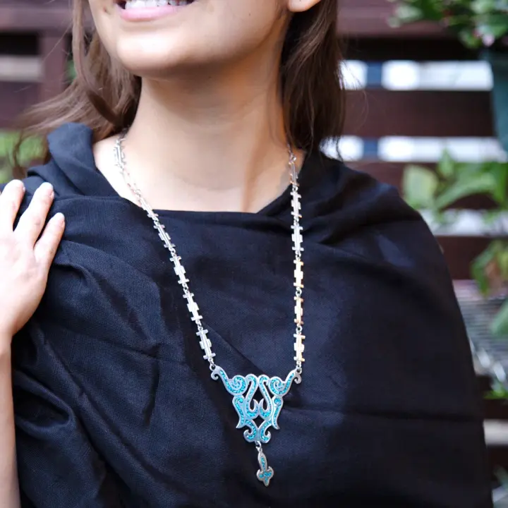 Sterling Silver Feathered Path Faux Turquoise Necklace