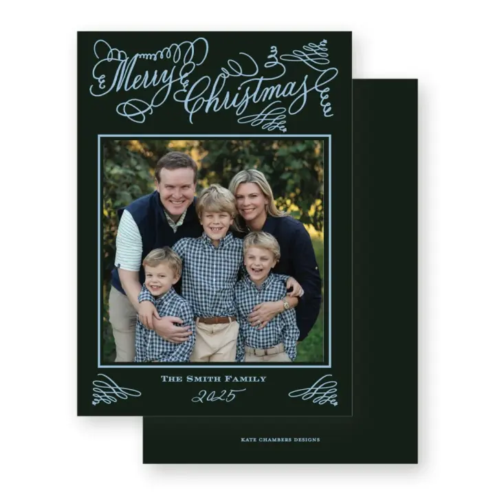 Forest and Light Blue "Merry Christmas " Flourish Holiday Card
