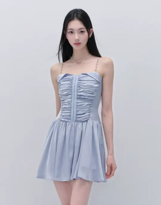 Blue Satin Cami Dress Women With Ruched Bodice And Rhinestone Straps R9444