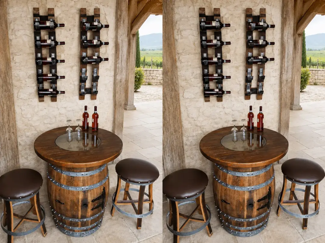 Whiskey & Wine Barrel Home Bar Set #1 — Bar Cabinet, Pub Table & Stools