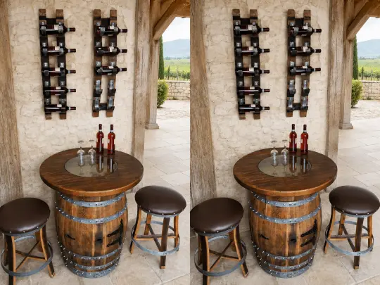 Whiskey & Wine Barrel Home Bar Set #1 — Bar Cabinet, Pub Table & Stools