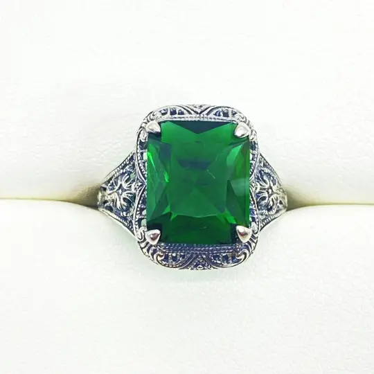 Emerald Autumn Ring, Size 8, Rectangle Gem, Vintage Jewelry #D200 - Ready to Ship