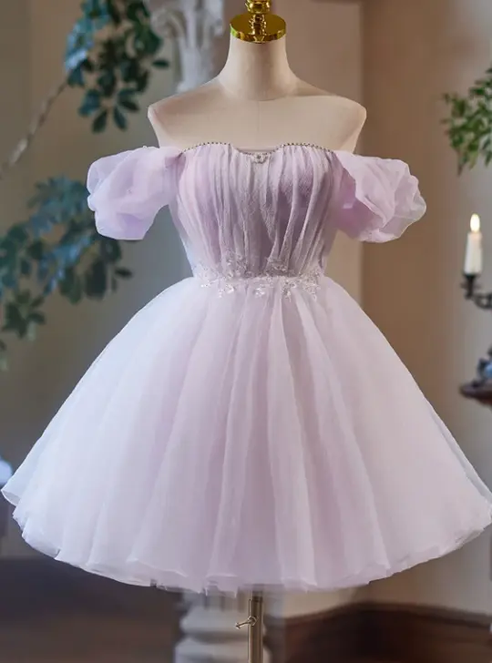 Dreamy Purple Homecoming Dress ,A-Line Off-the-shoulder Tulle Cute Princess Dress RS959