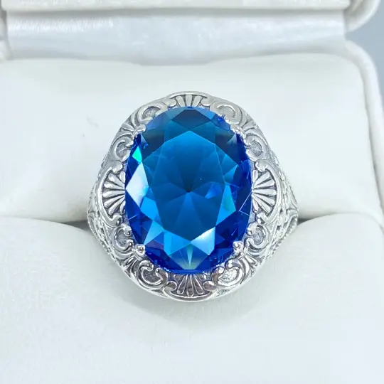 Swiss Blue Topaz Ring, Size 8.5, Oval Gemstone, Lion Filigree, Art Deco Jewelry, D217 - Ready to Ship