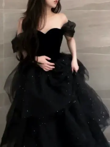 Charming Black Sequins Prom Dress for Women,A-Line Off-the-shoulder Elegant Maxi Evening Dress RS1027