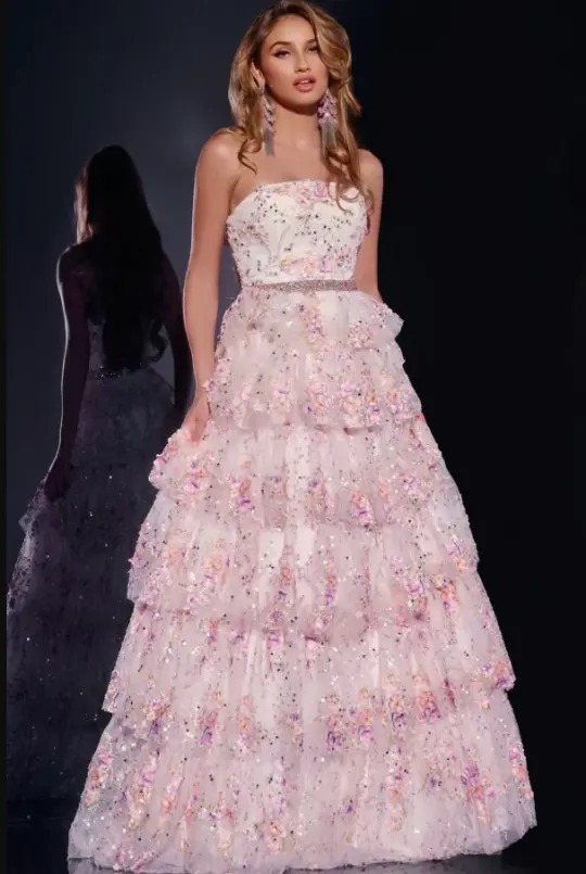 French Chic Blush Pink Floral A-line Strapless Corset Maxi Prom Dress Evening Dress RS487