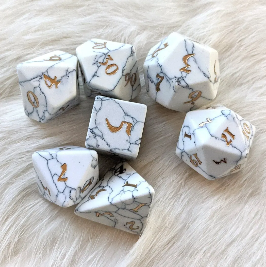 White Howlite Dice Set. Real Gemstone 7 Piece TTRPG Dice