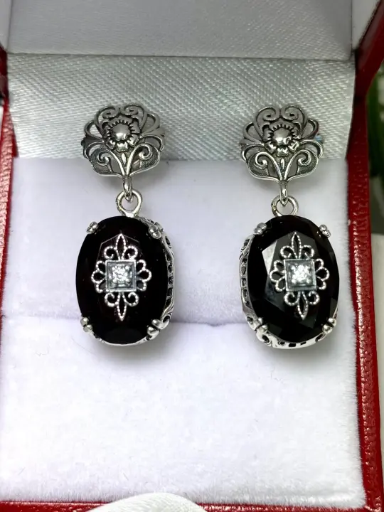 Onyx Earrings, Sterling Silver Embellishment, Vintage Edwardian Jewelry #E70e