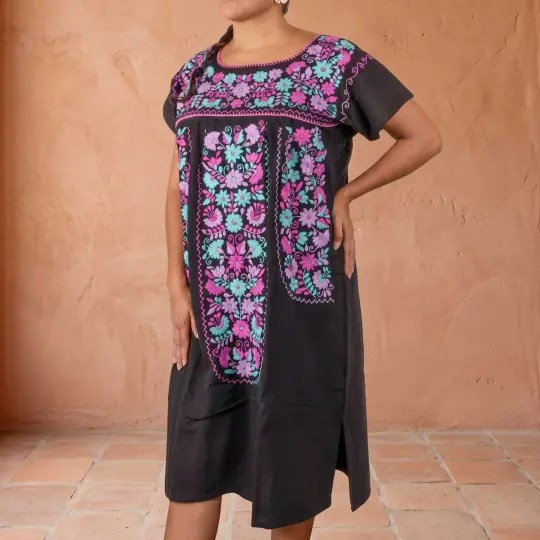 Chilac Floral Embroidered Mexican Short Dress