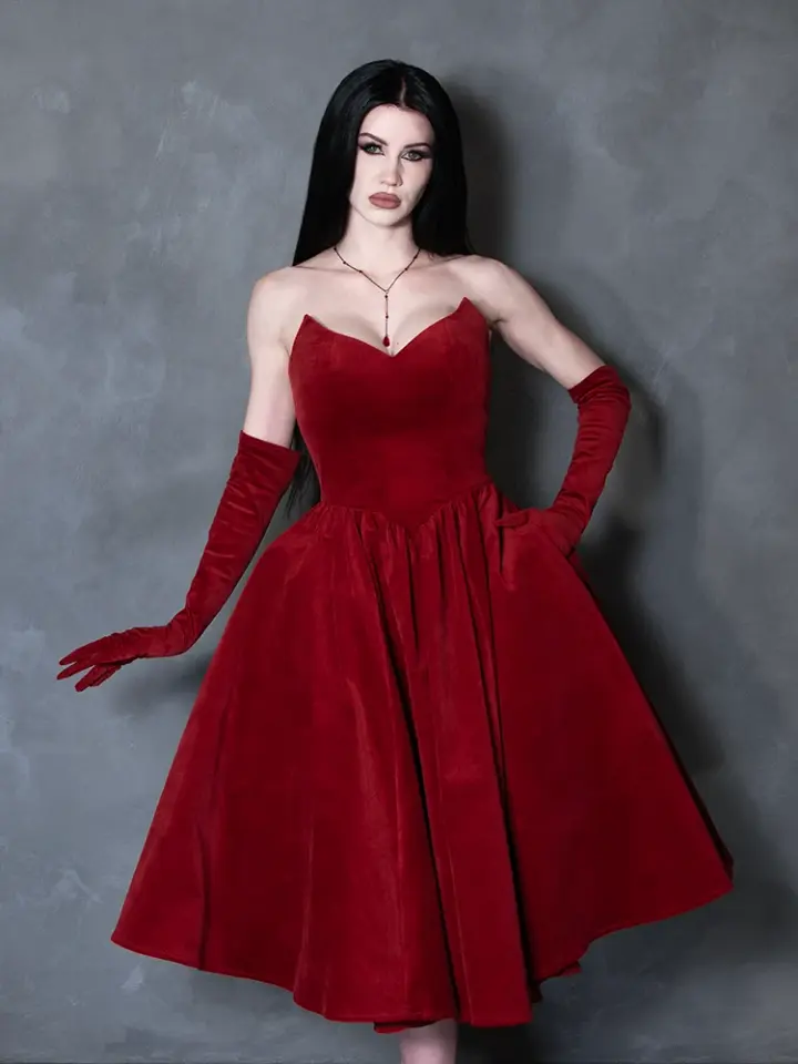 PRE-ORDER - Serpentine Swing Dress in Crimson with Matching Gloves
