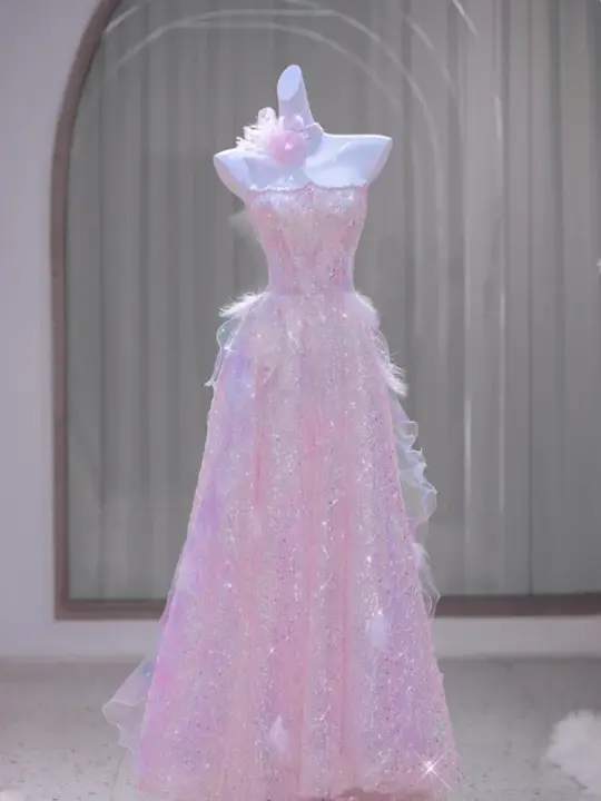 Pink Strapless Sequined Waist Slim Fit Cute Ball Gown Bridal Dress R5866