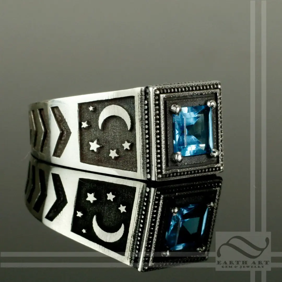 Blue Topaz Noir Night Signet Ring -Sterling Silver