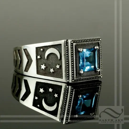 Blue Topaz Noir Night Signet Ring -Sterling Silver