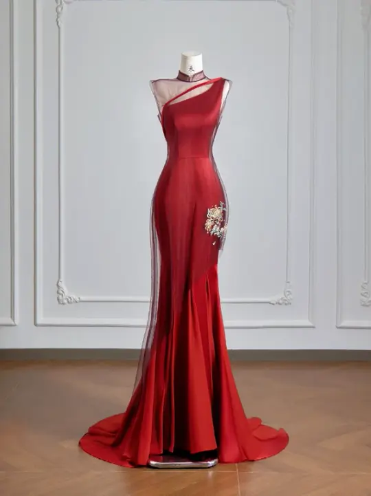 Red one-shoulder fitted waist slim-fitting hip-hugging sexy long ball gown R8150