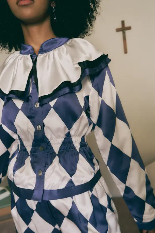 Quilted Silk Harlequin Jester Top Navy