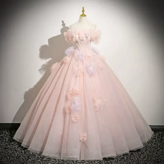 Applique Tulle Hazy Corset Prom Gown , Blush Pink Women's Maxi Evening Dress Quinceanera Dress RS2388