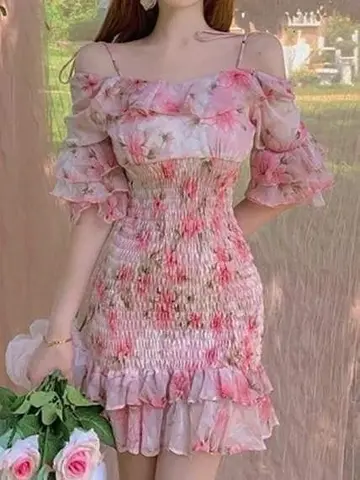 Pink floral one-shoulder waist elastic mini skirt homecoming dress R3118