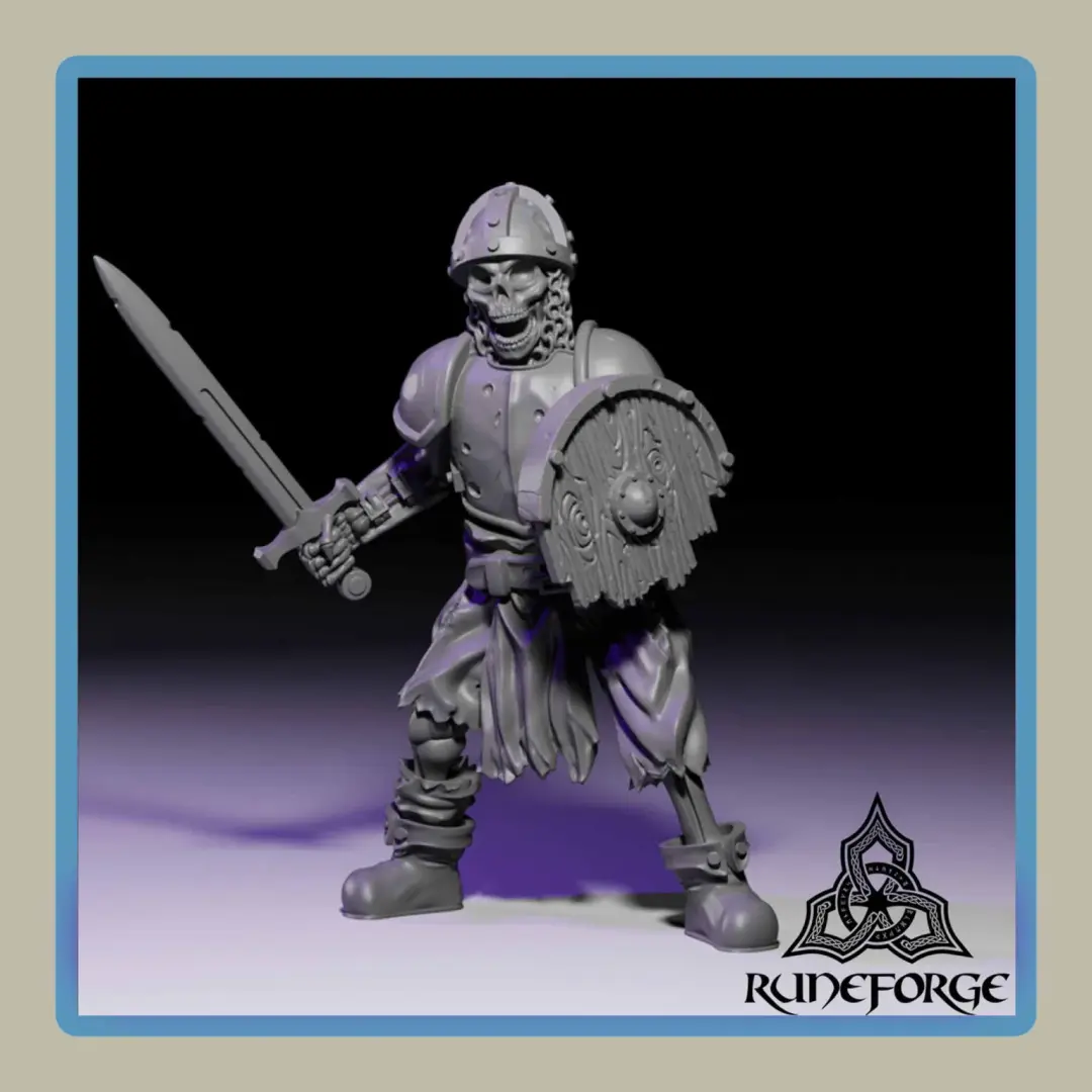 render of 28mm miniature undead armored skeleton with sword and shield sentry