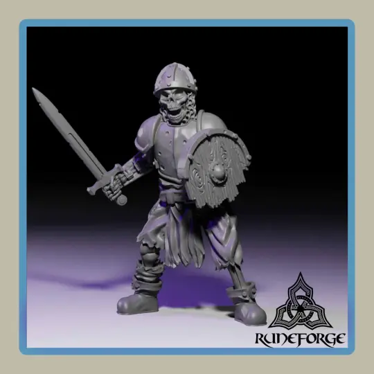 render of 28mm miniature undead armored skeleton with sword and shield sentry