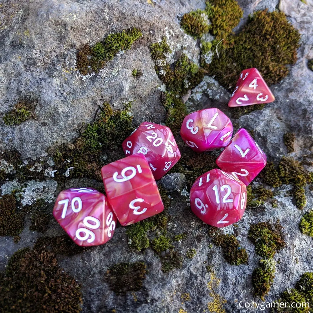 Magenta Rose Dice Set – 7-Piece Marbled Pearly Dark Pink Orange Acrylic DnD