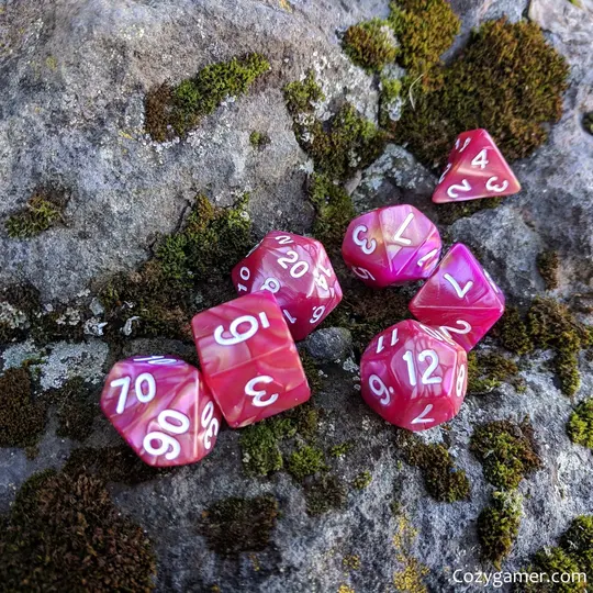 Magenta Rose Dice Set – 7-Piece Marbled Pearly Dark Pink Orange Acrylic DnD