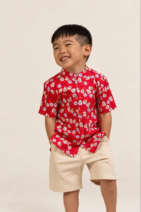Mandarin-collared Shirt - Red Fans