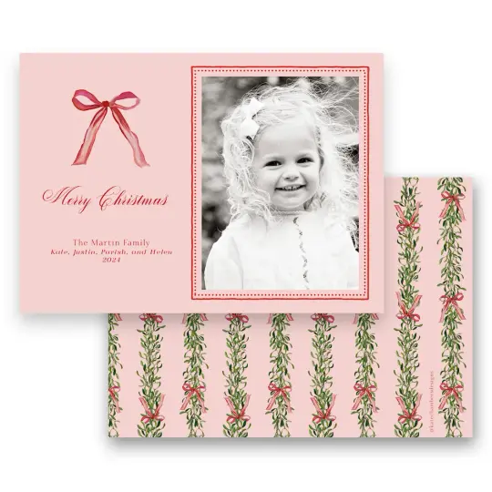 Red & Pink Border with Mistletoe Garland Landscape Holiday Card