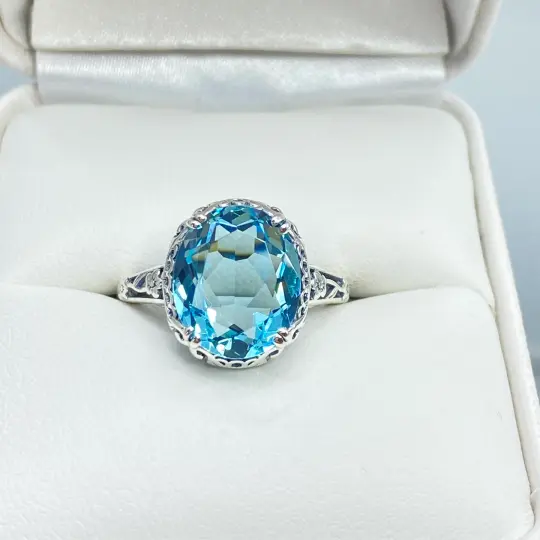 Sky Blue Ring, Size 4, Simulated Gemstone, Edwardian Filigree Jewelry #D70z - Ready to Ship