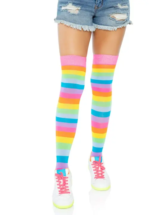 Leigh Rainbow Thigh High Stockings - Neon Striped Stockings - Colorful Hosiery
