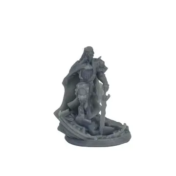 A photograph of an unpainted, 3D-printed grey resin miniature of a vampire lord. The imposing figure has long hair and wears an elegant ruffled shirt, armor, and a flowing cape. He is standing on a base of broken stone ruins, resting his left hand on a planted, wavy-bladed sword.
