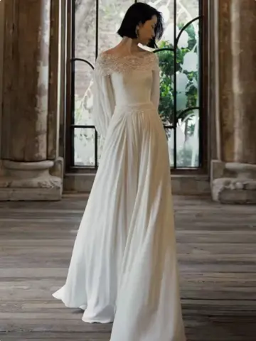 French Retro Light Ivory A-Line Bateau Long Women Dress with Lace RS145