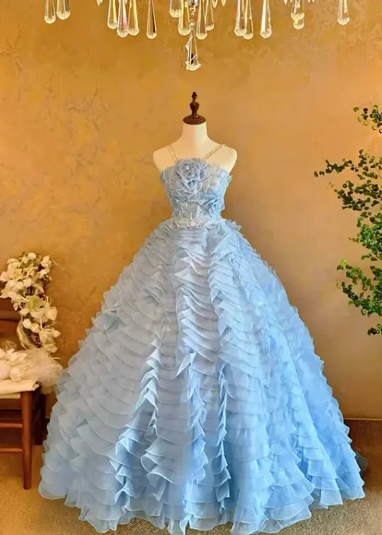 Light Blue Spaghetti-Strap Waist-Cinched Puffball Skirt Ball Gown, Bridal Gown R7358
