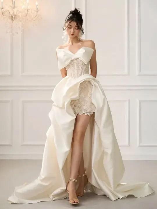 Lace Embroidered Aesthetic Corset Prom Gown , Dreamy White Hi-Lo  Evening Dress Ball Gown RS1874