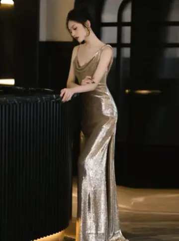 Sexy Golden Mermaid Spaghetti Straps Women Dress with Open Back Prom Dress Coctail Dress RS051