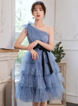 Cute Princess Style Dress A-Line One Shoulder Tulle  Birthday Dress with Bow-knot Waist RS009
