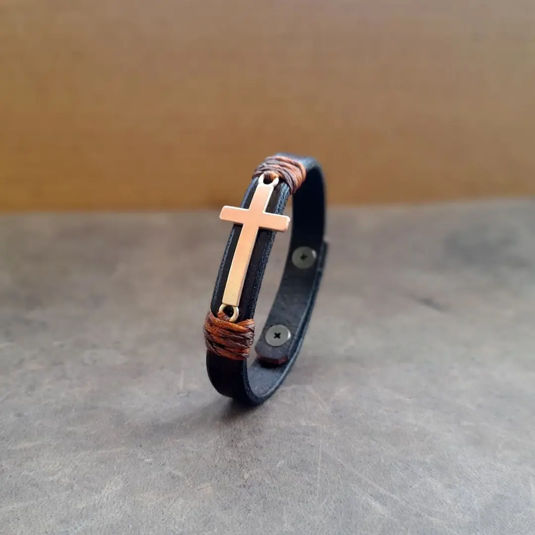 Rose Gold Cross Leather Bracelet | Custom Minimalist Faith Gift