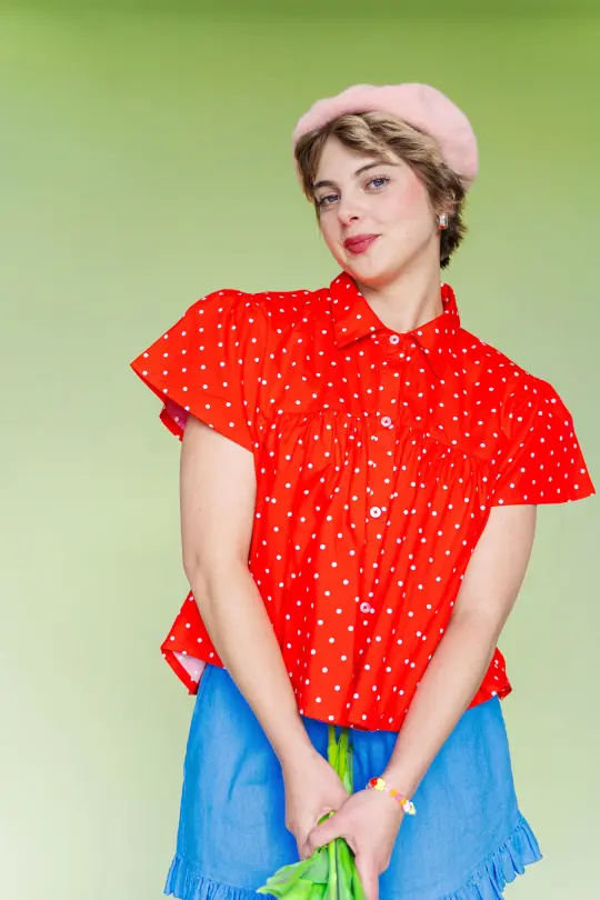 CHERRY POLKA DOT BUTTON MUSHROOM TOP