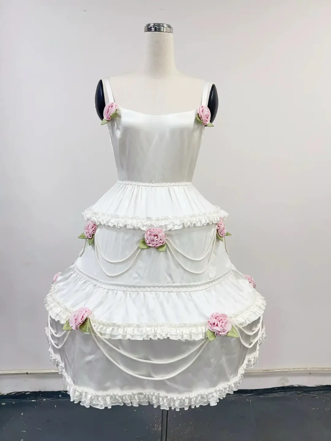 SAMPLE #446 - S Layer Cake Tiered Satin Wedding Dress - White / Pink