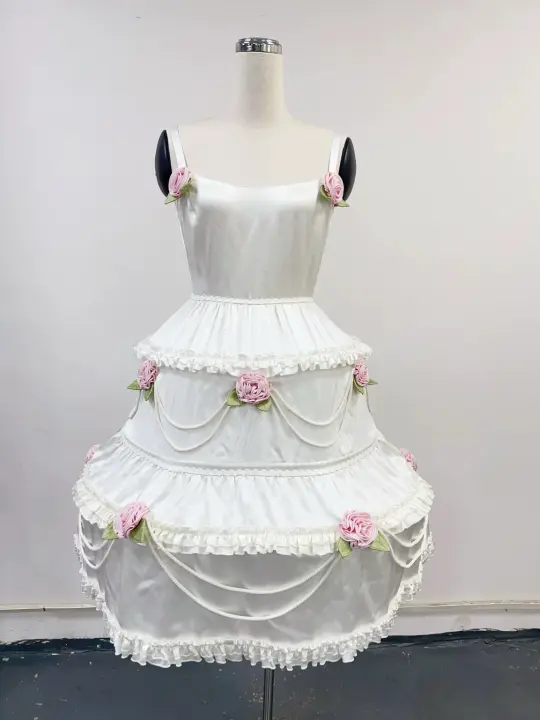 SAMPLE #446 - S Layer Cake Tiered Satin Wedding Dress - White / Pink