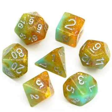 Green Brown Seabed Treasure Dice Set – 7-Piece Marbled Foil Glitter DnD Dice