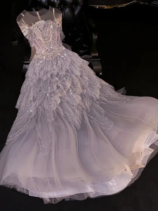 Gray-blue round neck sequined fitted long ball gown R8820