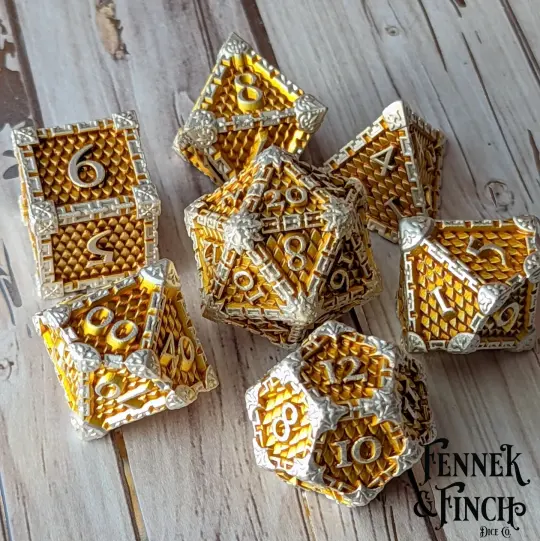 Dragon Scale Metal Dice Set – 7-Piece Gold Scales Silver Chains Zinc Alloy DnD