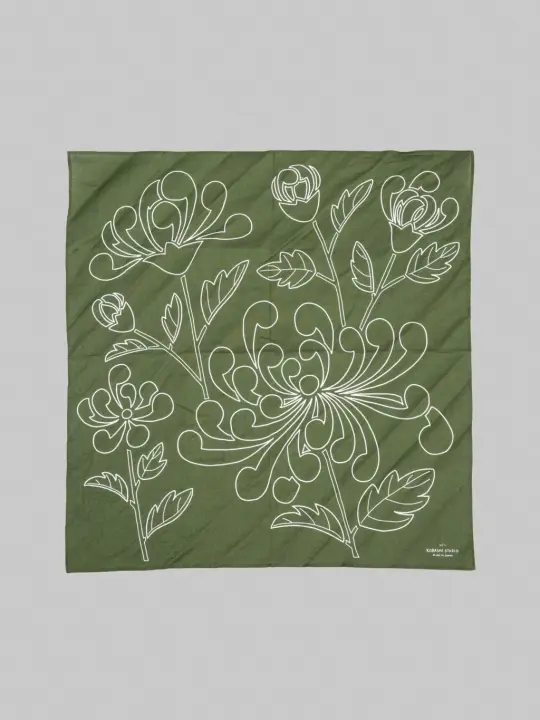 Kobashi Studio Japanese Chrysanthemum Bandana in Olive Green “Miru-iro”